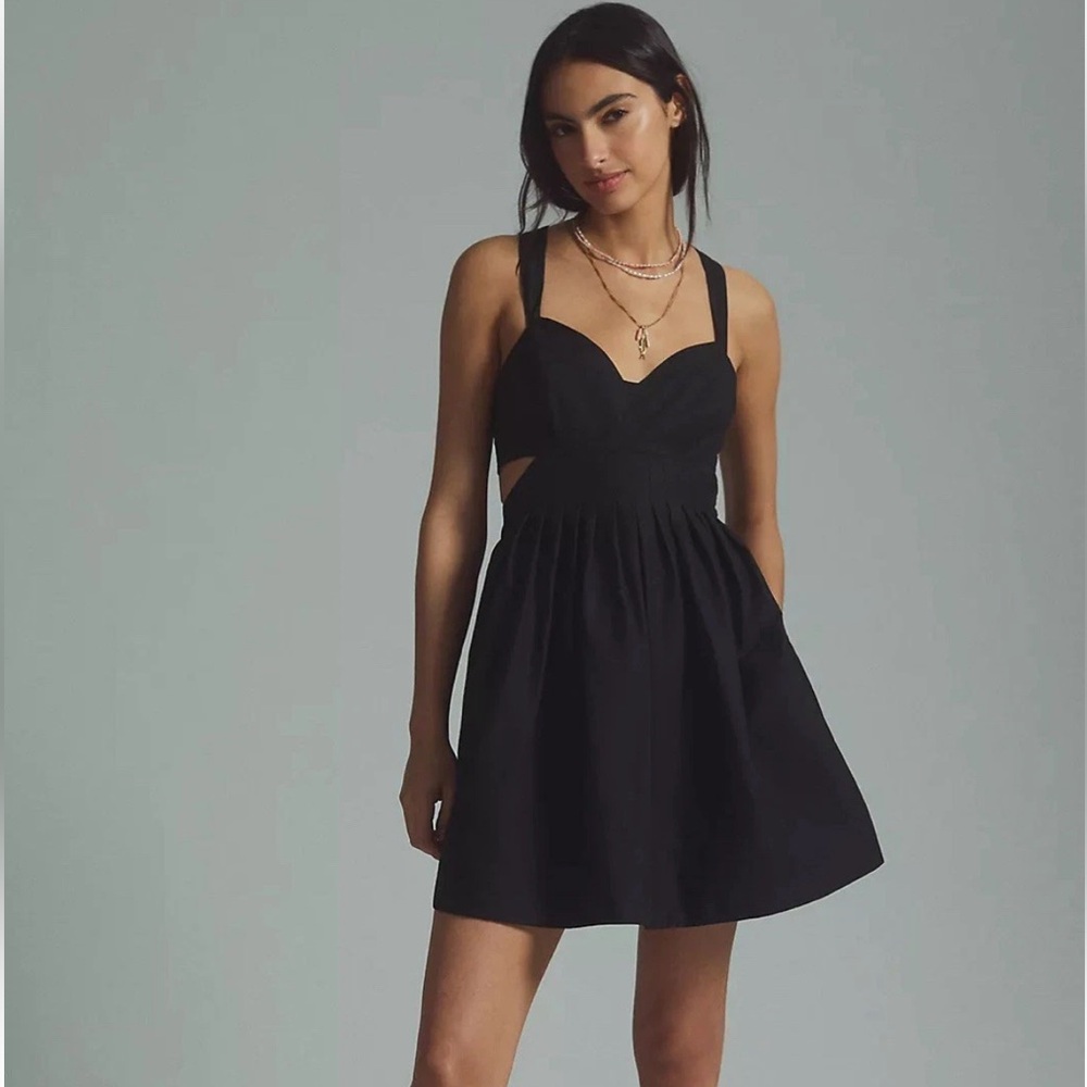 Maeve Anthropologie Open Back Babydoll Cotton Mini Dress in Black size 6